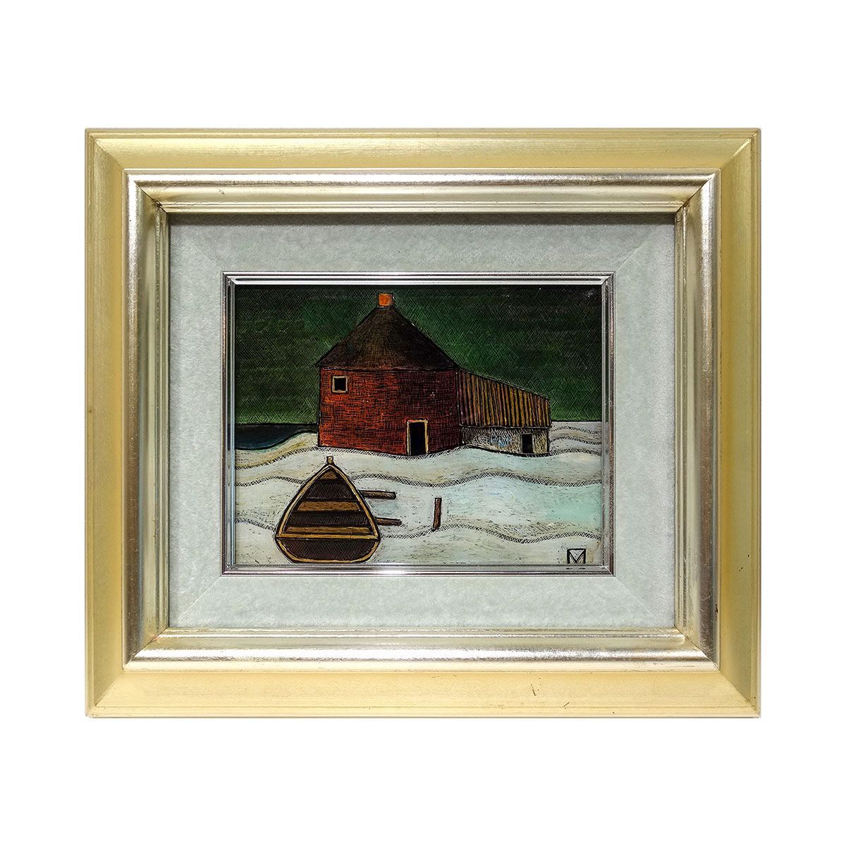ガラス絵 野中勝 海辺の風景 F0号 額付き 風景画 硝子絵 小さな絵 ガラスアート 工芸 モダン おしゃれ YE132