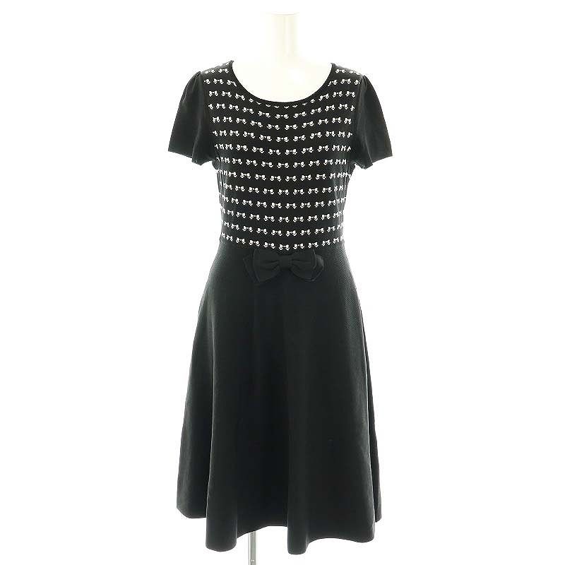 エムズグレイシー M'S GRACY リボン柄半袖ニットワンピース 膝丈 38