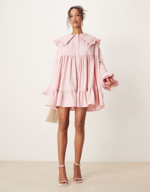  シスタージュン レディース ワンピース トップス Sister Jane oversized collar frill mini dress with heart button detail in light pink Baby ワンピース マタニティ