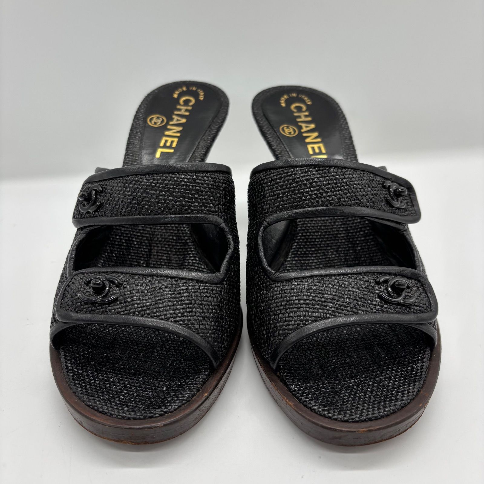 CHANEL 黒 レザー ミュール 美品】CHANEL シャネル サンダル ミュール 靴 ヒール 黒