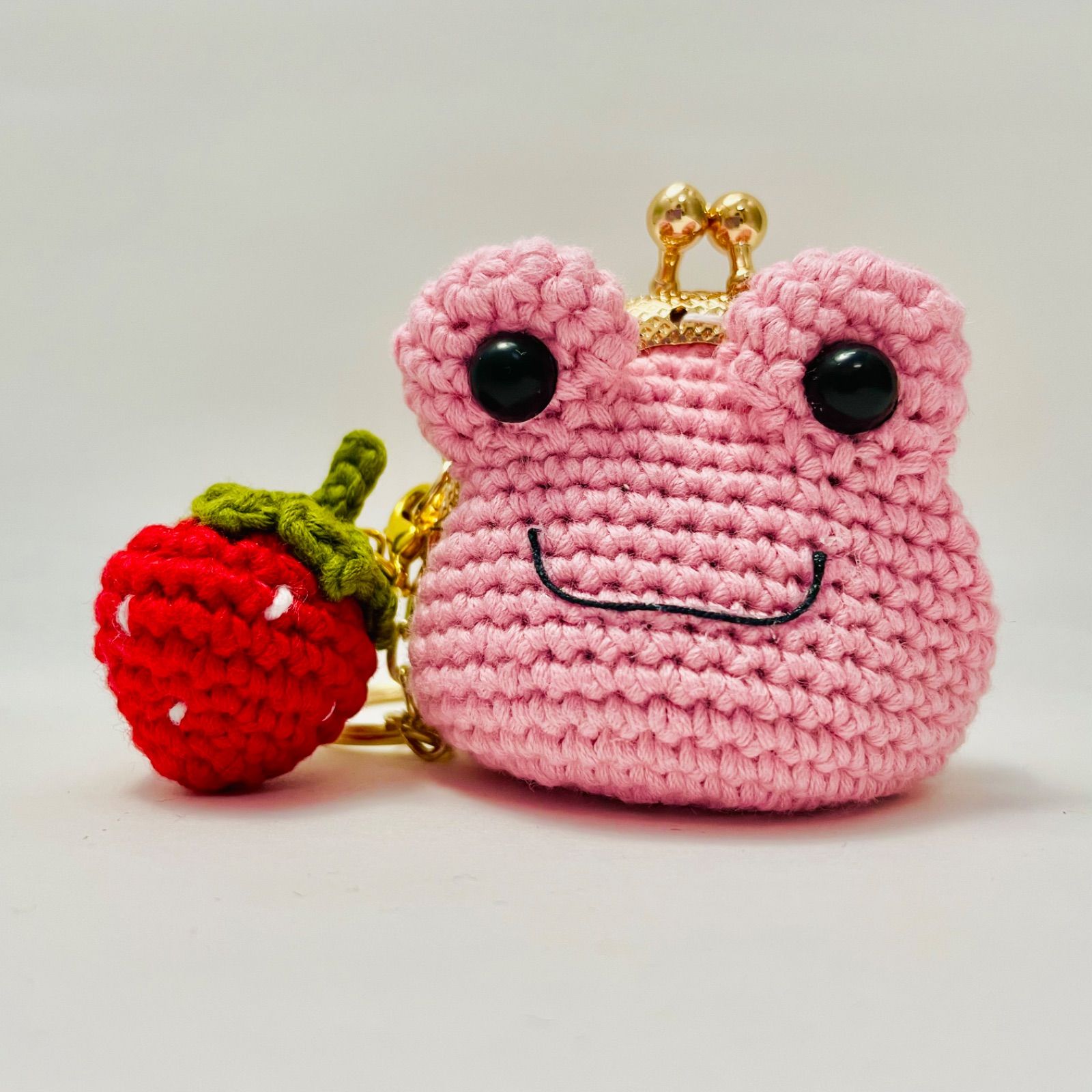ハンドメイド がま口 口金 にこにこかえるキーホルダー あみぐるみ 
