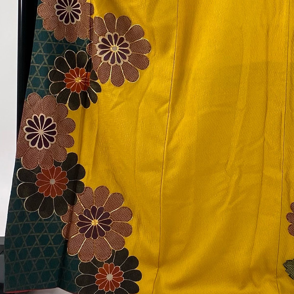 振袖 身丈170cm 裄丈68cm L 袷 袋帯フルセット 菊 籠目 刺繍 金糸 黄土色 正絹