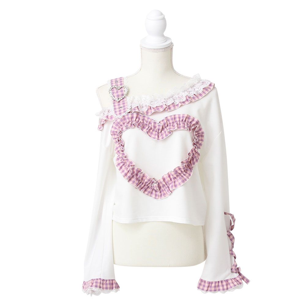 夢展望公式 ワンショルダーハートＴシャツ ギンガムパープル 他 別ページ有 dearmylove カットソートップス カットソートップス Ｔシャツ 長袖 535505-04