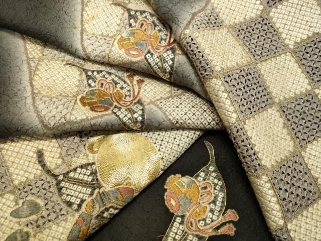 平和屋着物●中国三大刺繍 スワトウ刺繍 汕頭刺繍 訪問着 駒刺繍 兎 ウサギ 暈し染め 黒地 金糸 ロング丈 正絹 DAAT1302tw