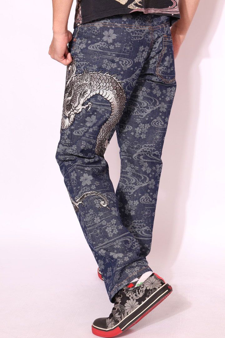 花旅楽団スクリプト 巻龍刺繍 和柄 流水桜ジャガードデニム SP-551