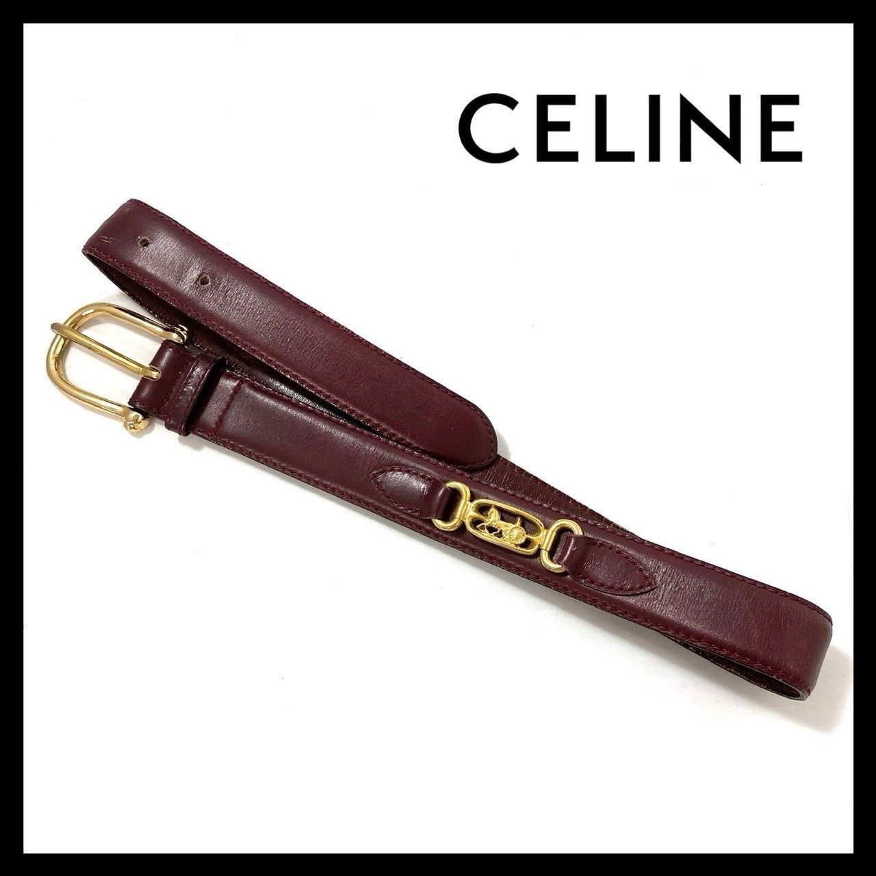 CH【CELINE】馬車 ベルト 60 レザー ボルドー ゴールド/金金具