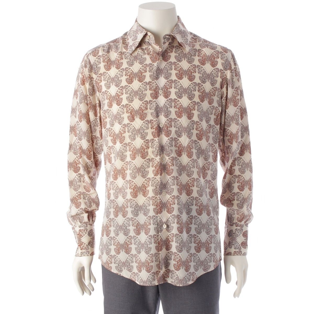 『N』【美品】GUCCI - 総柄シルクシャツ ベージュ グッチ シルク バタフライ柄 長袖 ブラウス シャツ ベージュ 40