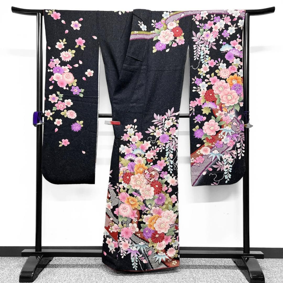 振袖 襦袢セット 金駒刺繍 鞠 花 銀通し ブラック系 着物 043w d 