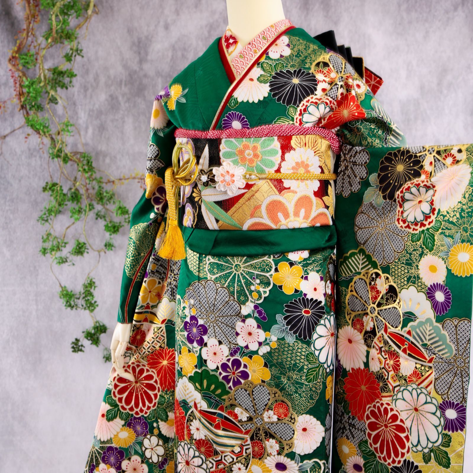 振袖フルセット 振袖セット 振袖 Lサイズ 中古 緑×古典 美品 成人式