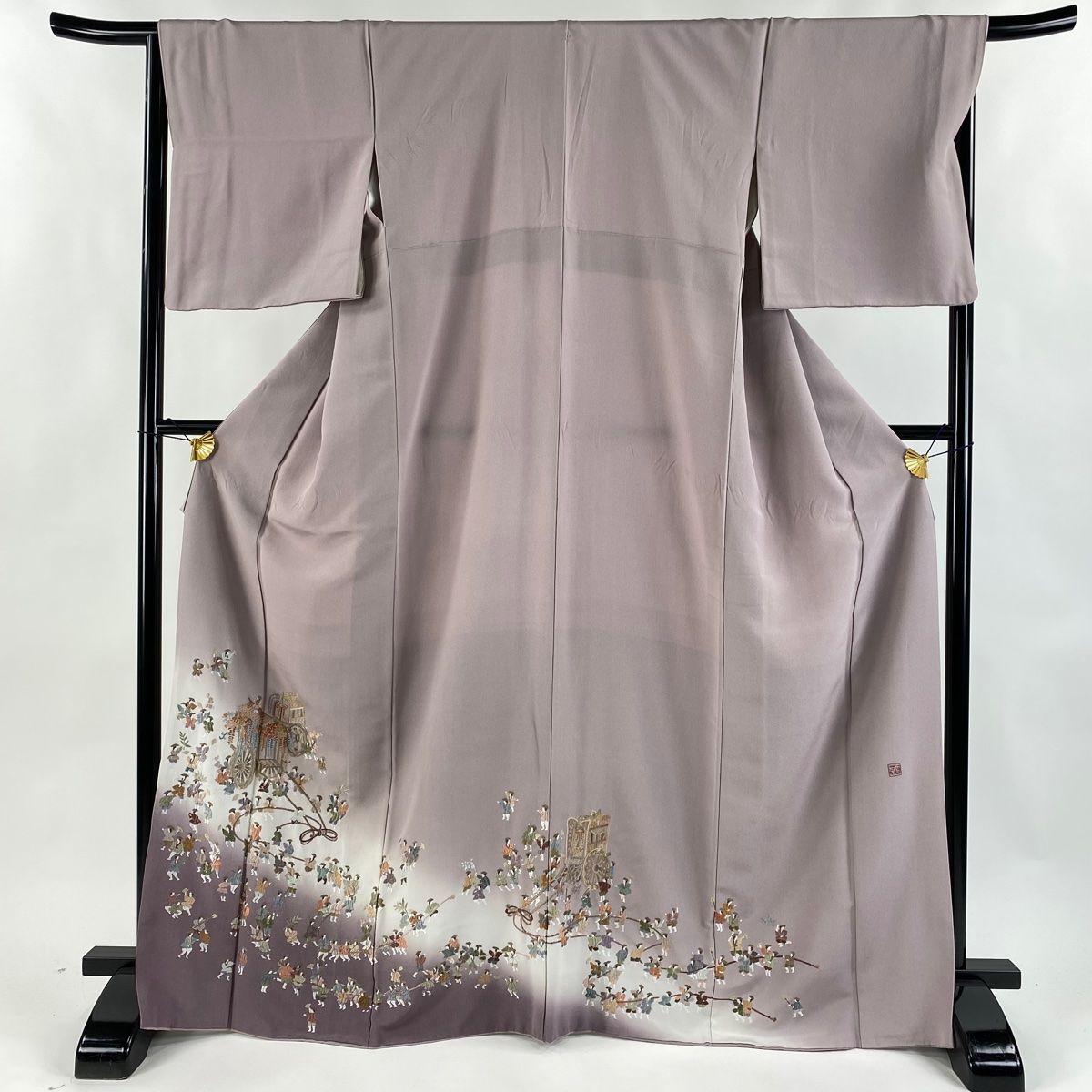 色留袖 身丈168cm 裄丈67.5cm L 袷 落款 御所車 人物 金糸 刺繍 灰紫 正絹 名品 一つ紋