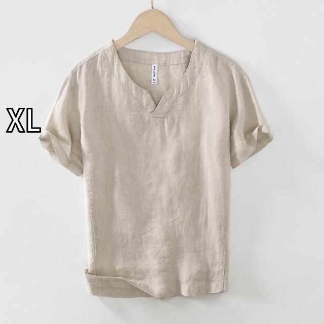 XL メンズ ファッション 服 男性用 オシャレ シンプル 大人 かっこいい 大きいサイズ ストリート 紳士服 サマー リネン 半袖 T シャツ リネン トップス Vネック ポロ T シャツ 綿 リネン レトロ フル リネン 服