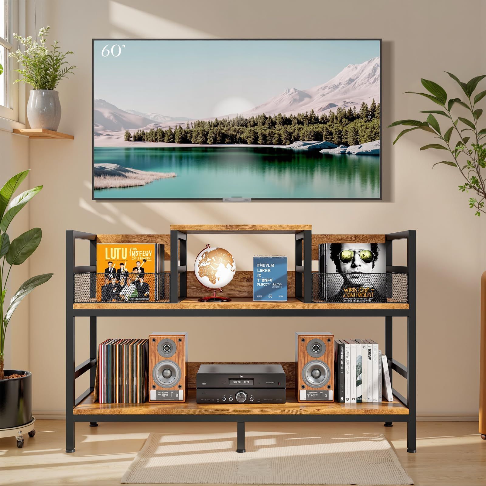 Fainyearn レコード棚 レコードラック 大容量収納 レコードプレーヤースタンド 3段 オープンシェルフ 収納ラック 幅165 x 奥行き37x 高さ77.5cm