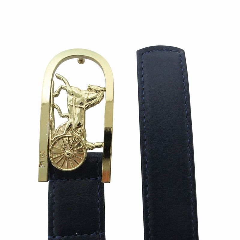 セリーヌ CELINE ◆ ベルト 金色 ロゴバックル ネイビー セリーヌ CELINE 美品 ベルト レザー 革 ロゴ 馬車 バックル 90