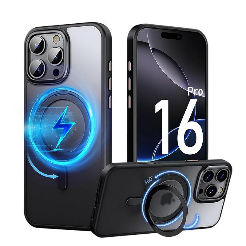 PRODELI ケース For iPhone 16 Pro 専用 カバー 360回転スタンド MagSafe対応 米軍MIL規格 耐衝撃 指紋防止 ワイヤレス充電対応 落下防止 レンズ保護 擦り傷防止 マット感 リング マグネット搭載 スマホ