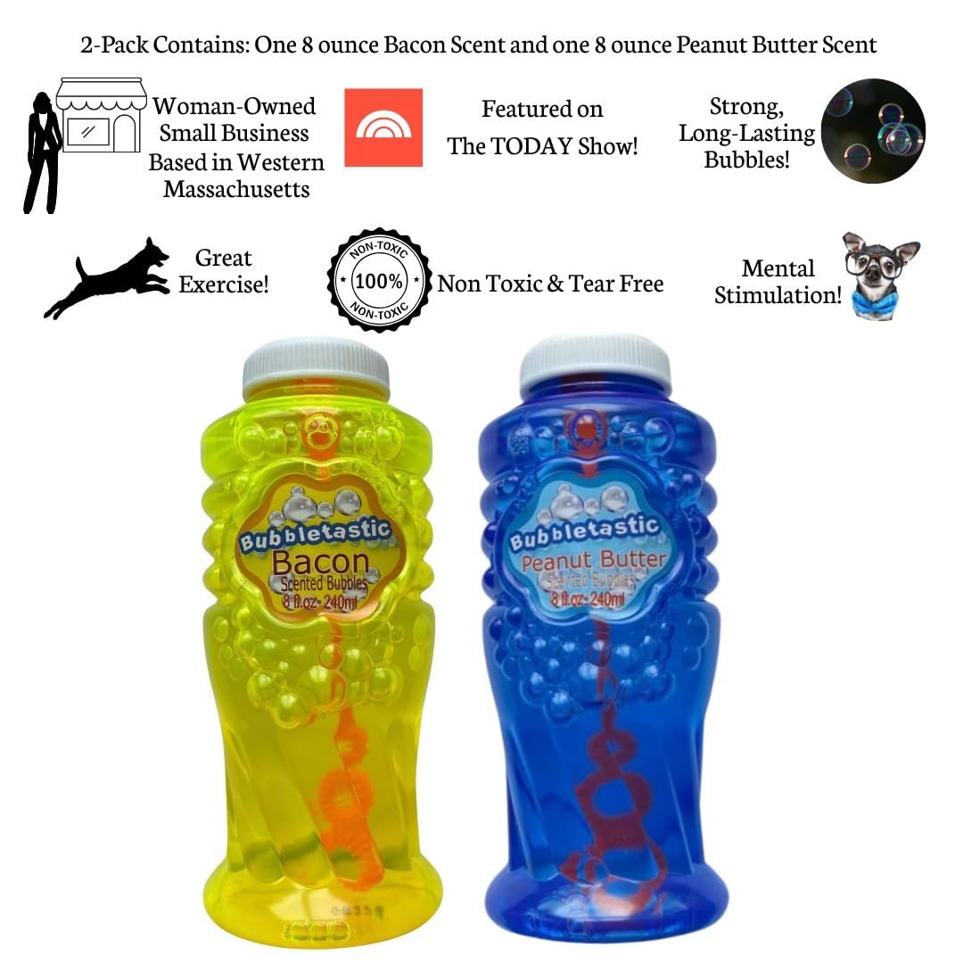 ベーコンとピーナッツバターの香り付きシャボン玉 犬用 - 各8オンスボトル1本! 100%非毒性、破れにくく、犬と子供に安全