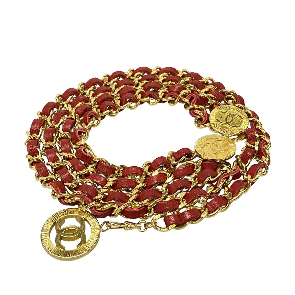 本日9時まで限定価格CHANELココシャネル 赤 チェーン ベルト CHANEL(シャネル) ベルト - ゴールド×レッド チェーンベルト
