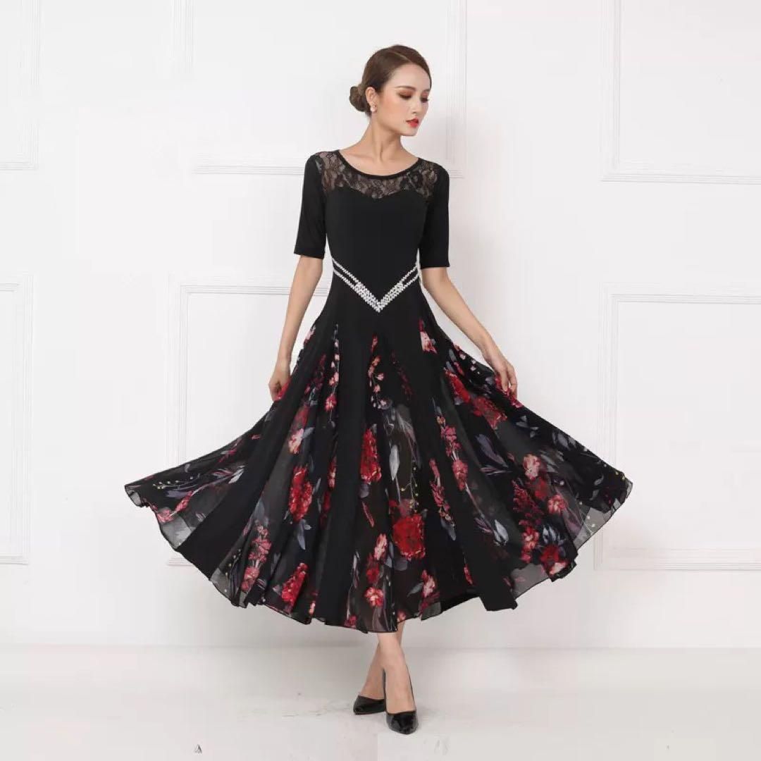 練習着からダンスパーティーまで✨花柄スタンダードワンピース！ストーン付き！ 練習着からダンスパーティーまで?花柄スタンダードワンピース