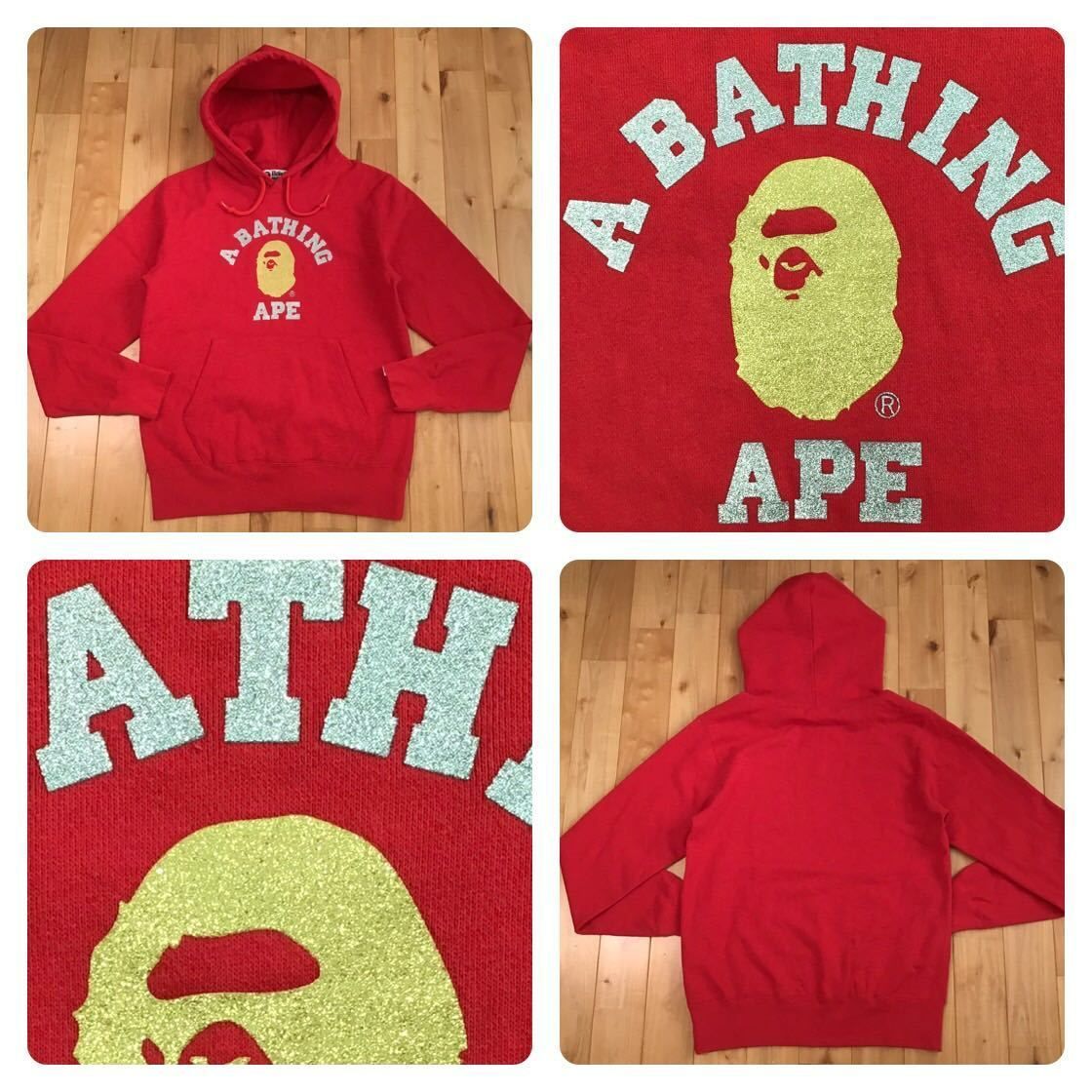A BATHING APE BAPE エイプ Mサイズ ラメカレッジロゴパーカー ラメプリント カレッジロゴ プルオーバー パーカー Mサイズ a