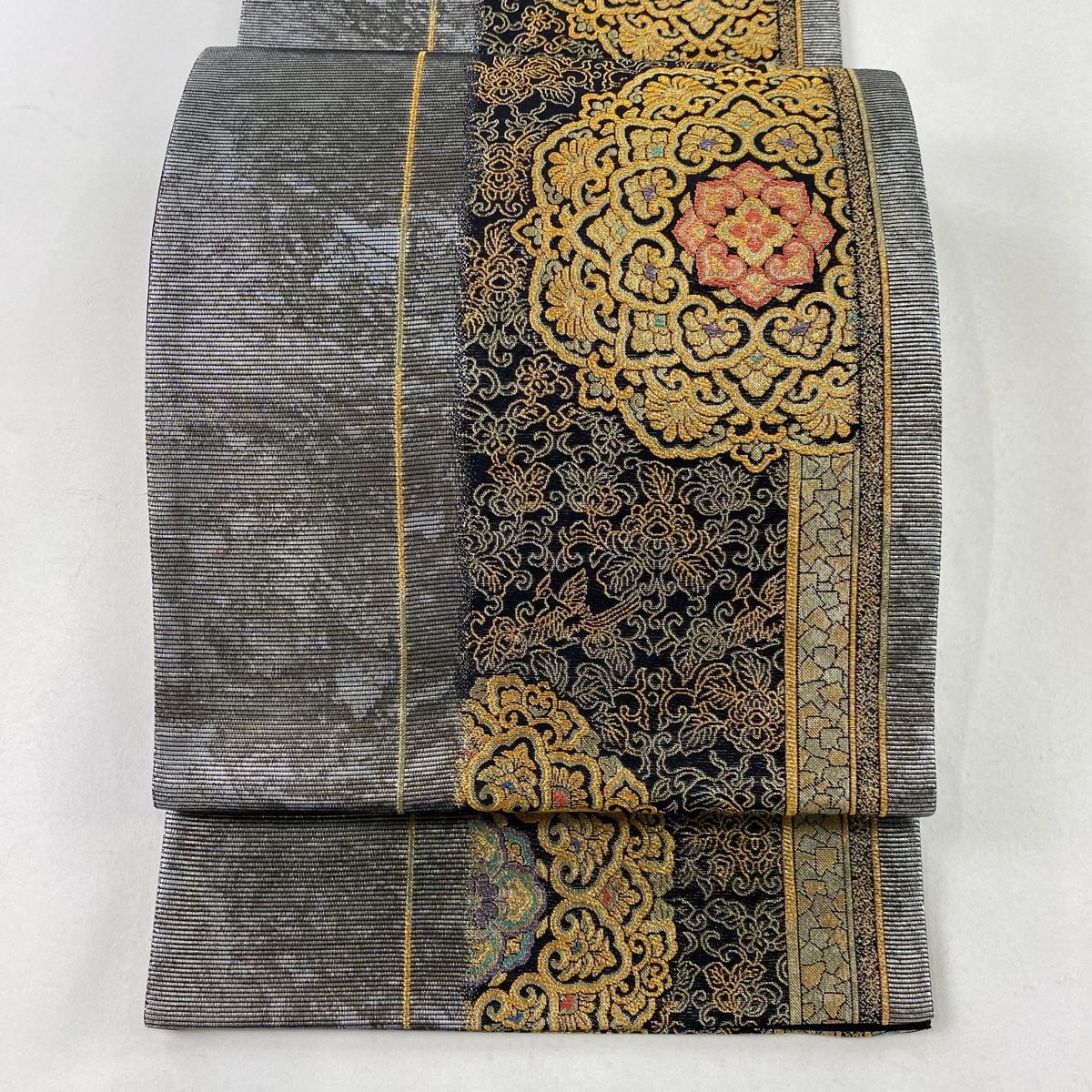 袋帯 美品 秀品 華文 花鳥 金糸 箔 銀色 六通 正絹 【中古