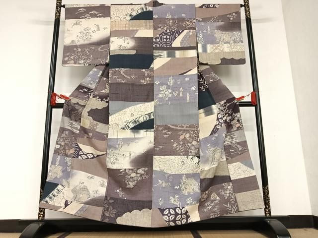 平和屋着物○生紬 切継 寄裂 人物風景花文 正絹 逸品 AAAU8006zg  