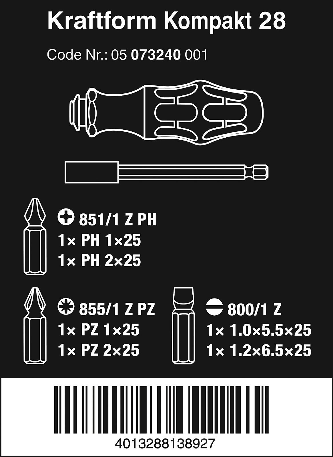 新着商品】073240 “クラフトフォームコンパクトドライバービット” Wera