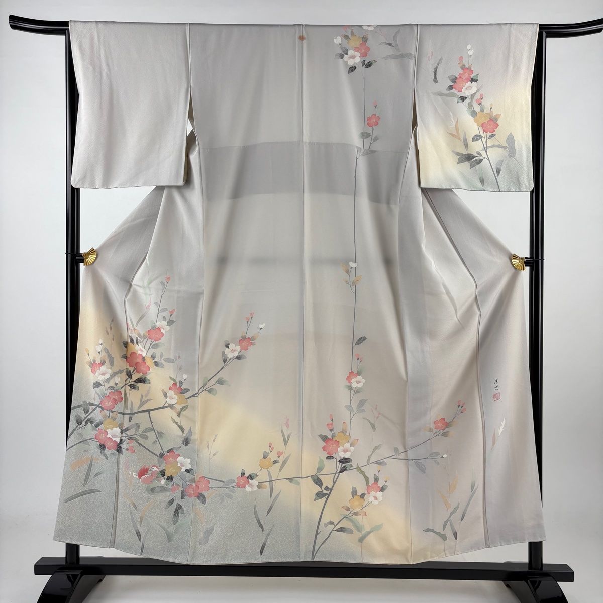 訪問着 身丈155cm 裄丈65.5cm M 袷 落款 鴛鴦 枝花 ぼかし 灰色 正絹 名品 一つ紋