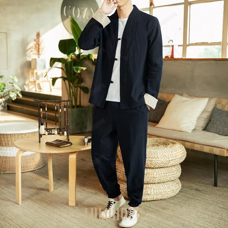 新作 セットアップ メンズ 上下セット 春服 綿麻 リネン生地 長袖 前開