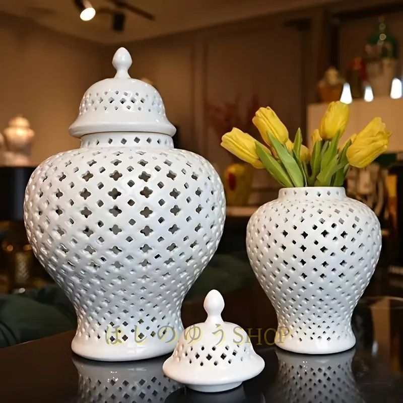 ??インテリア雑貨 セラミック 蓋付 収納 小物入れ 飾り壺 花瓶 フラワーホルダー オリエンタル おしゃれ アンティーク風 ホームデコレーショ