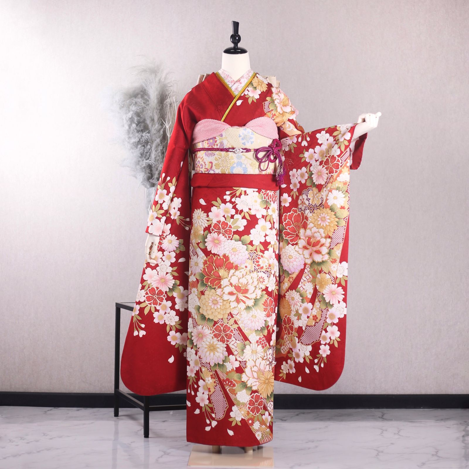 振袖フルセット 振袖セット 振袖 Lサイズ 中古 赤×熨斗 美品 成人式