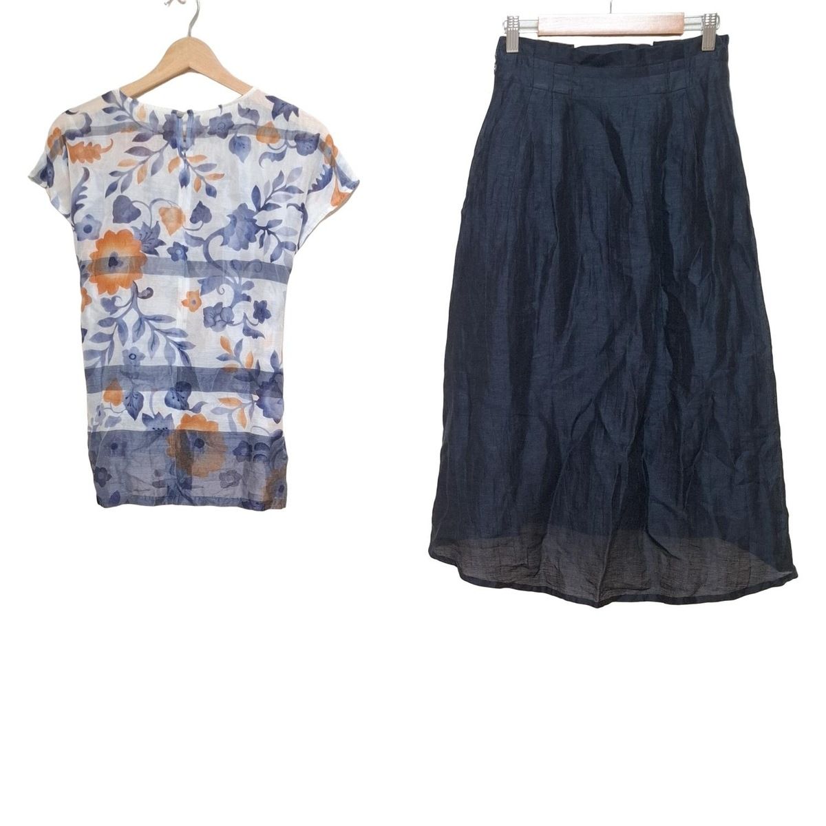 ARTISAN アルチザン スカートセットアップ レディース - アイボリー×ネイビー×ブラウン 麻|シルク|花柄|シースルー
