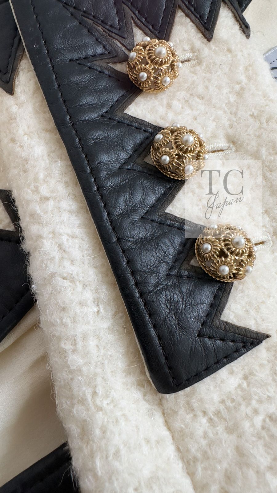 83万 シャネル ジャケット CHANEL アイボリー ウール モヘア レザー