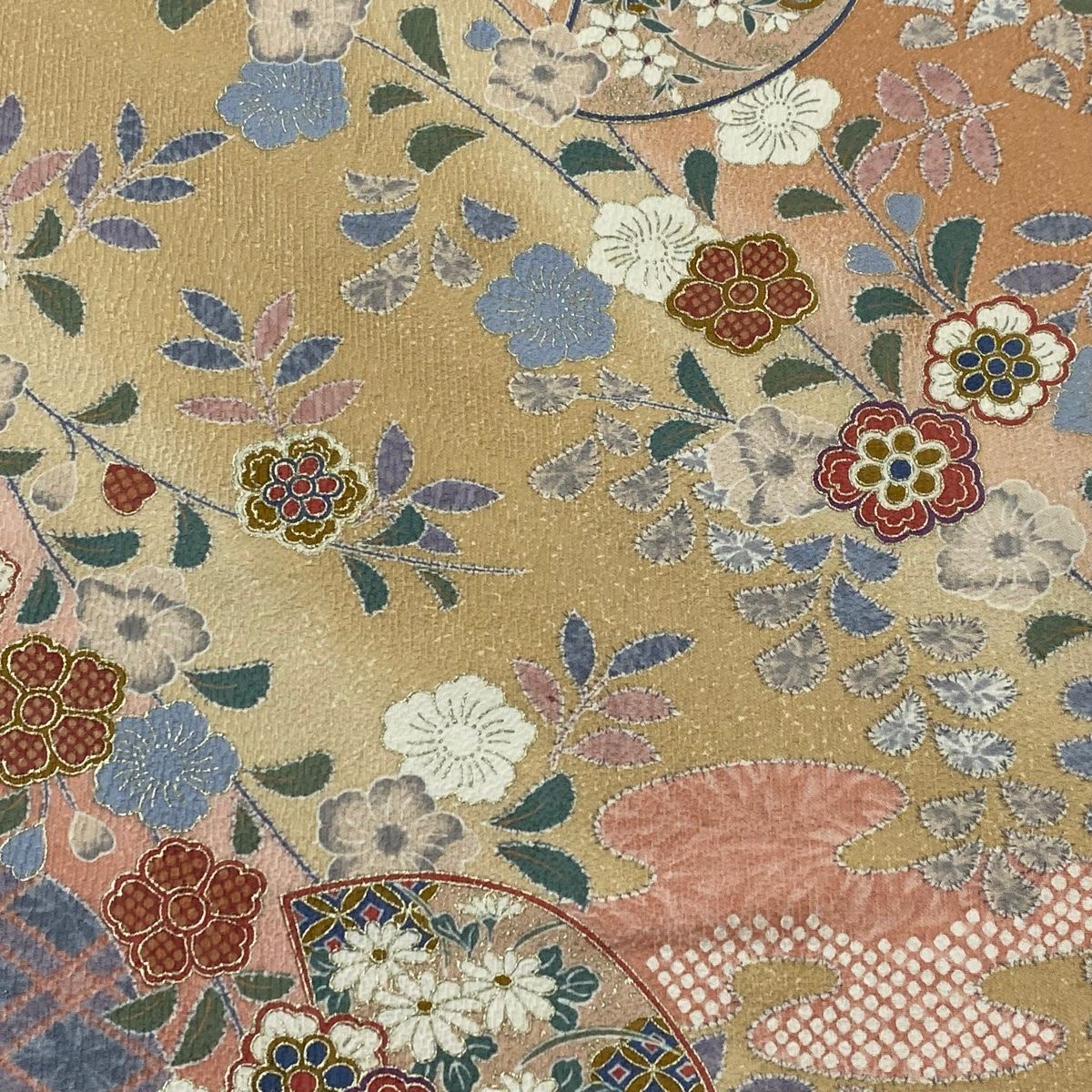 反物 秀品 小紋 扇面 草花 金銀彩 ぼかし ピンクベージュ 正絹