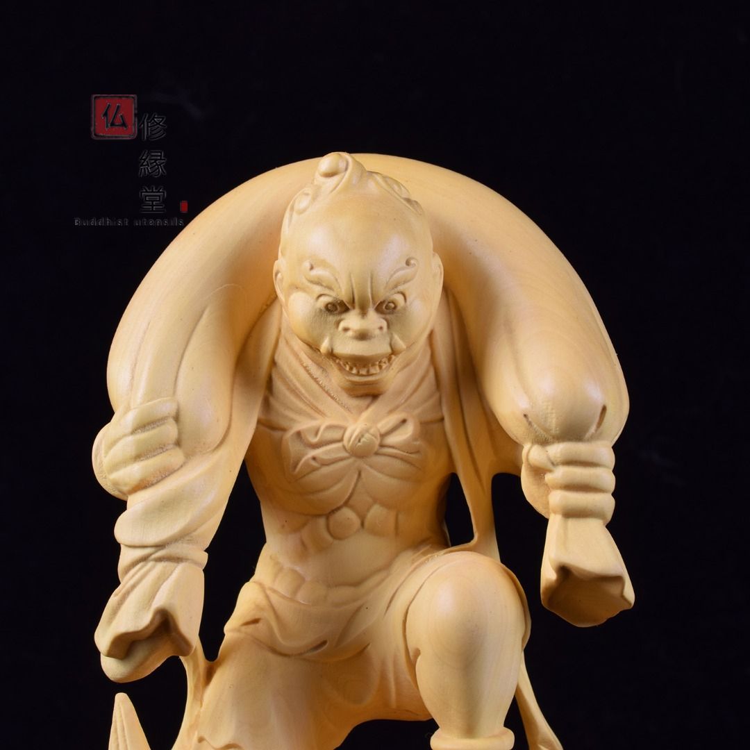 修縁堂】高品質 木彫仏像 風神立像 彫刻 仏教工芸 柘植材 仏師で仕上げ