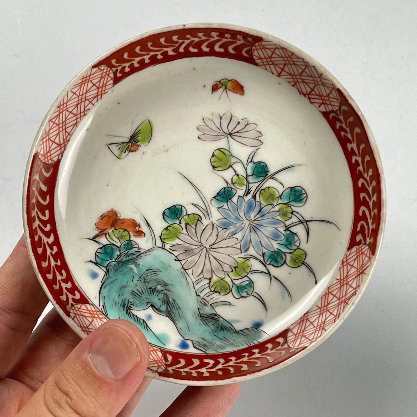 659 色絵 菊 蝶 古伊万里 伊万里焼 骨董 アンティーク 小皿 5枚セット