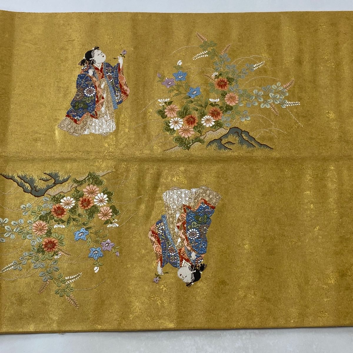 袋帯 美品 秀品 人物 草花 刺繍 箔 金色 お太鼓柄 正絹 【中古】