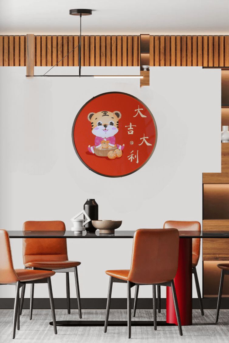 クリスタル ポーセリン キャンバス 「虎～大吉大利」 ダイヤモンド付 丸 アート 絵画 絵 オフィス 自宅 飲食店 中華 壁掛け