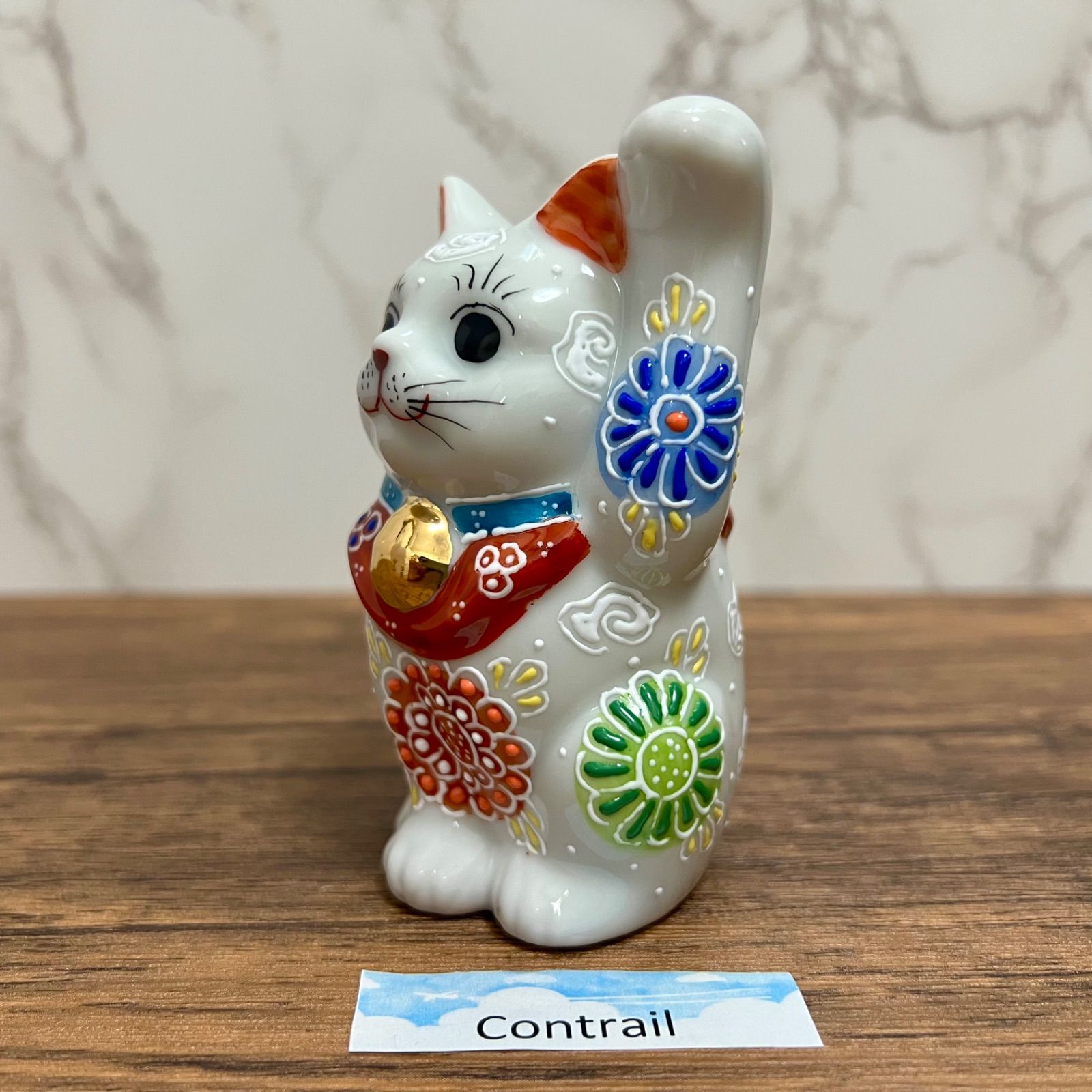 九谷焼】3.3号 招き猫 白盛花 左手 千客万来 縁起物 置物 Maneki Neko