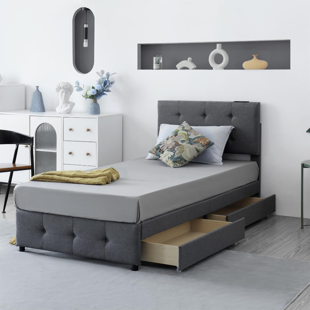 ダブル ファブリックベッド引き出し・コンセント付き北欧風 LIGHTGRAY
