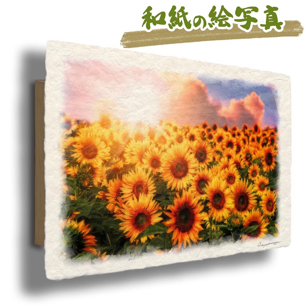 和紙の絵写真 「ひまわり畑と夕日の入道雲」 パネル付き 60x40cm 絵画
