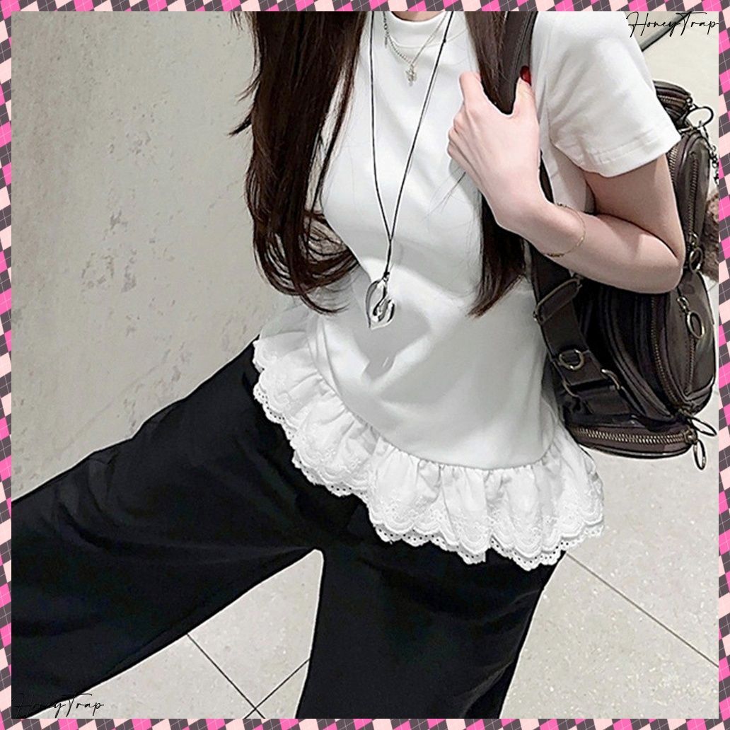tシャツ 裾切替レースフリルレイヤード半袖Ｔシャツ レディース Tシャツ 裾レース切替 カットソー 夏服 レディース レースフリル