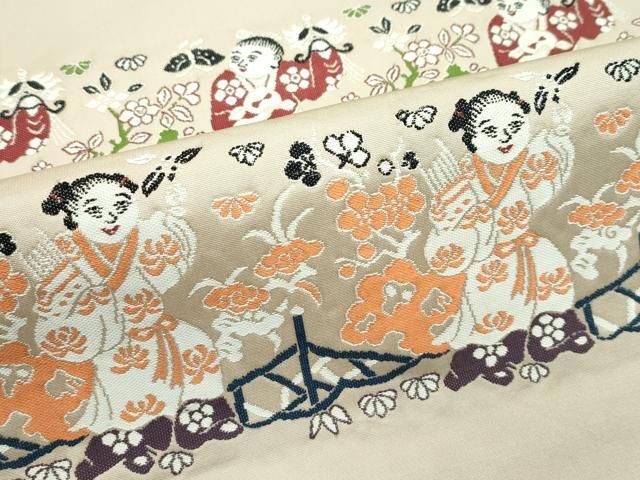 平和屋本店■極上　龍村美術織物　たつむら　九寸開き名古屋帯　唐児遊歩　白茶色地　逸品　CZAA2630s5 平和屋本店□極上 龍村美術織物 たつむら 九寸開き名古屋帯 唐児遊歩