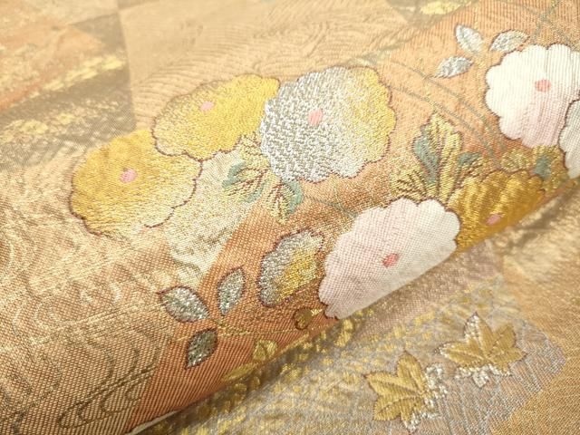 平和屋着物▽六通柄袋帯 市松扇面重 金銀糸 正絹 逸品 CAAU9461hy