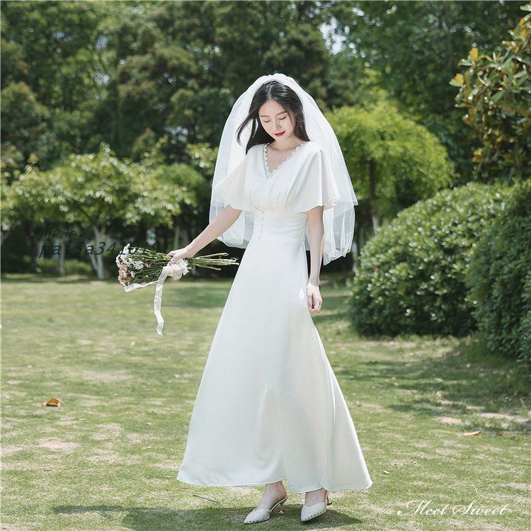 ウェディングドレス ロングドレス スレンダードレス サテン 半袖 スレンダーライン 二次会 ウエディングドレス 花嫁 Vネック 結婚式 ブライダル 前撮り pai5a341019