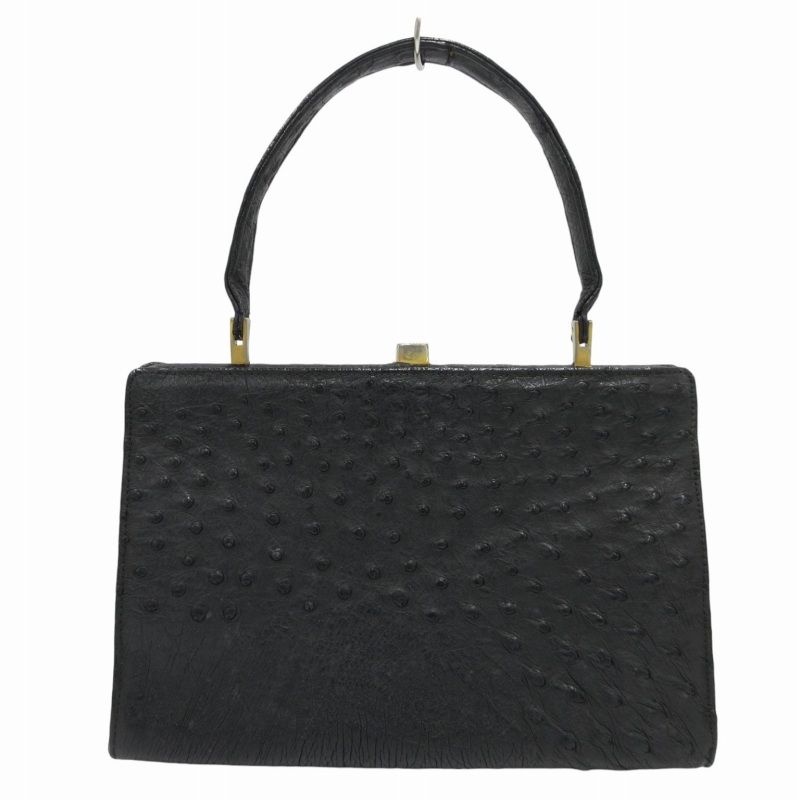 ［極美品］オーストリッチ ハンドバッグ 黒 本革 がま口財布付き 認証タグp 極美品］オーストリッチ ハンドバッグ 黒 本革 がま口財布付き
