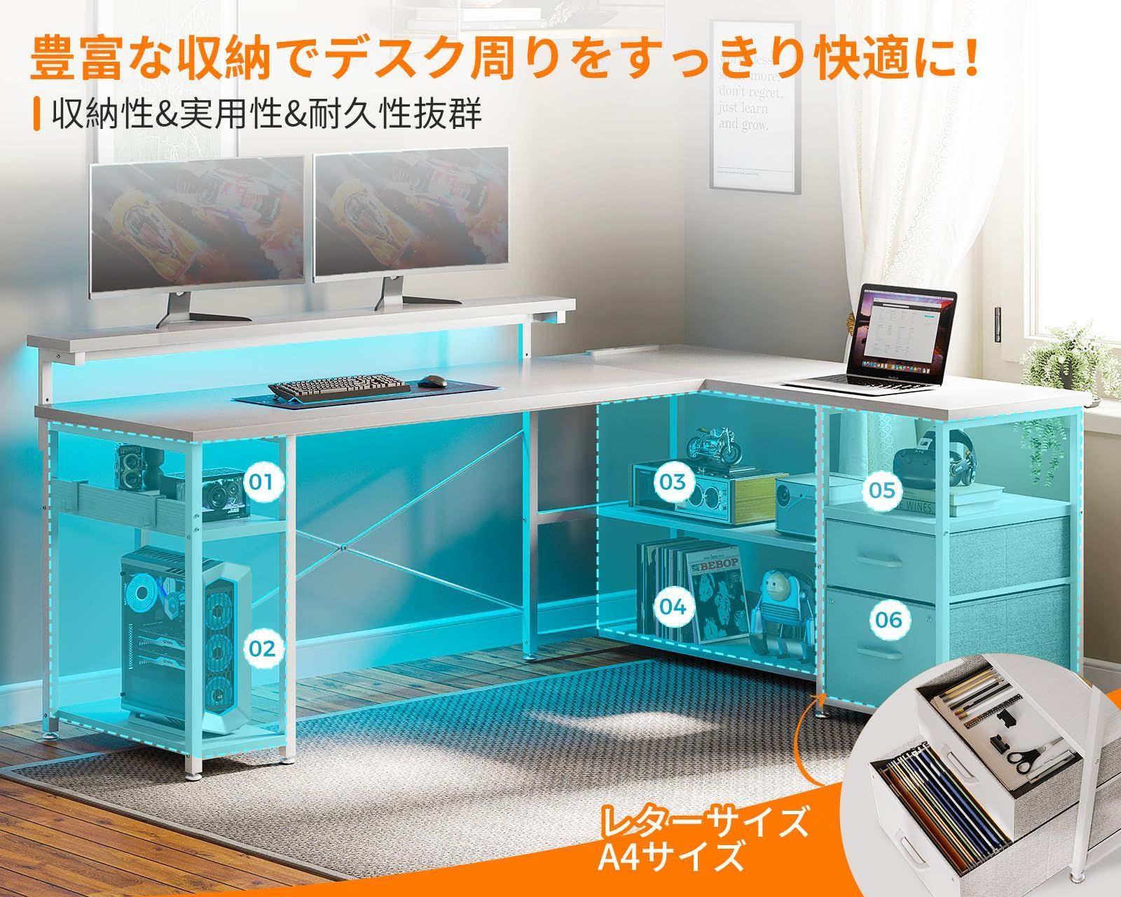 在宅勤務 仕事用 オフィスデスク 組立簡単 収納 pcデスク 棚付き 幅135cm 机 デスク 真っ白 l字デスク コンセント付き ゲーミングデスク 引き出し2杯付き パソコンデスク ODK