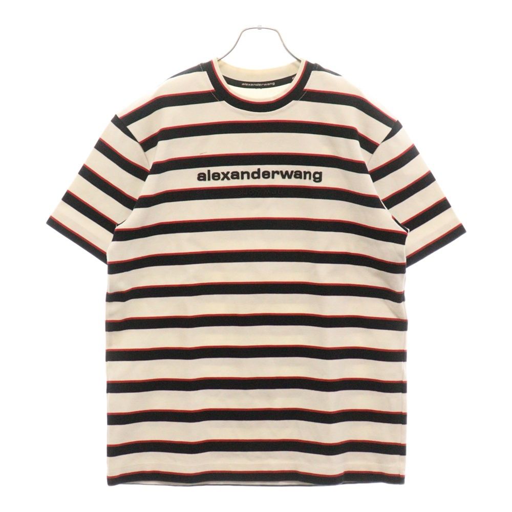 ALEXANDER WANG (アレキサンダーワン) ロゴ刺繍 ボーダー クルーネック半袖Tシャツ カットソー ホワイト