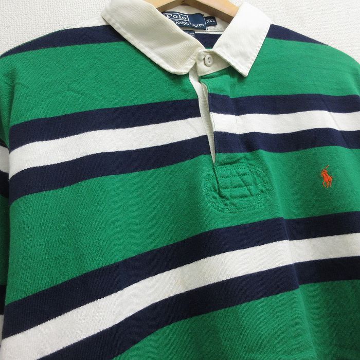 Polo Ralph Lauren長袖ラガーシャツ XL緑　紺　90s 古着 Polo Ralph Lauren 紺×緑 ボーダー ラガー ラグビー シャツ