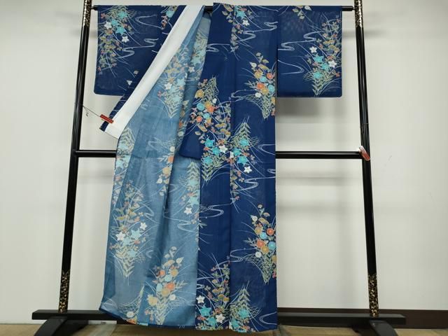 平和屋着物＊夏物 小紋 絽 流水草花文 蜻蛉 洗える着物 AAAY0636st 平和屋