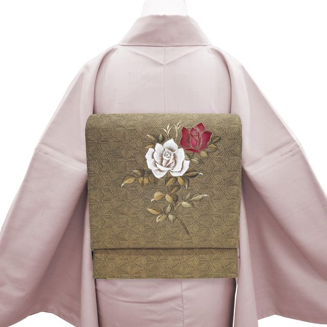 中古】 袋帯 リサイクル 正絹 手描き 金彩加工 薄茶色地 薔薇 中古】 袋帯 リサイクル 正絹 手描き 金彩加工 薄茶色地 薔薇