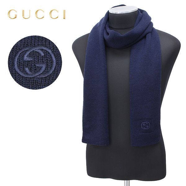 36 GUCCI マフラー ストール 男女兼用 WOOL 100% ネイビー